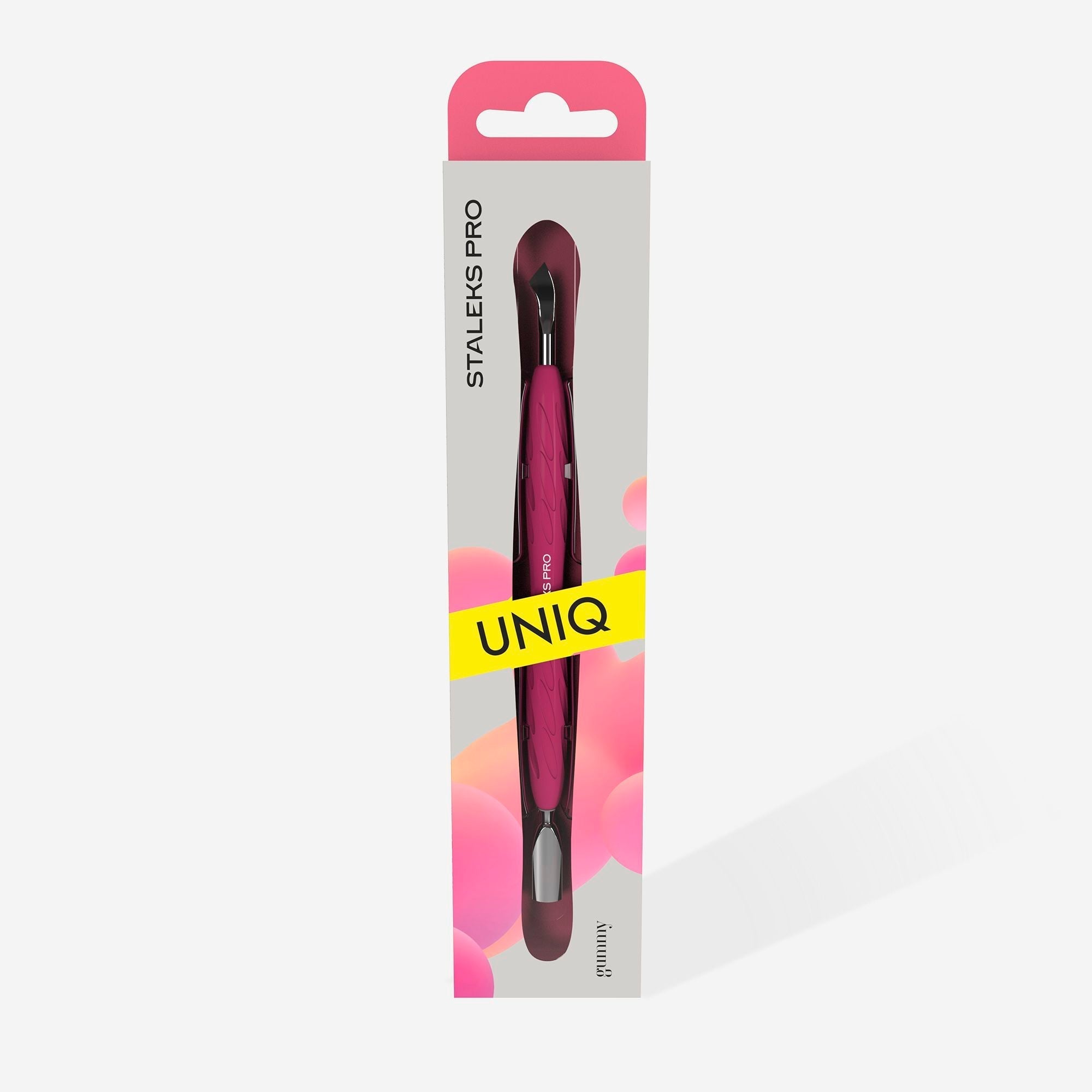 Staleks Manicure pusher with silicone handle “Gummy” UNIQ 10 TYPE 4.2 (narrow rounded pusher + bent blade)