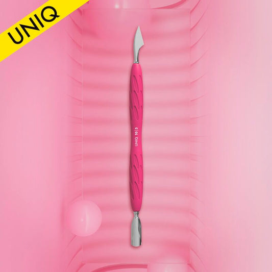 Manicure pusher with silicone handle “Gummy” UNIQ 10 TYPE 3 (narrow rounded pusher + hatchet)